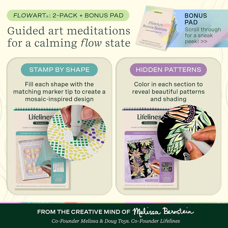 LifeLines FlowArt Activity Pads, 2-Pack with 8 Double-Sided Markers, 40 Scenes & Bonus Pad - Guided Dot Art Meditations - Stamp-by-Shape & Hidden Patterns Coloring Books for Tweens, Adults & Seniors - Image 2